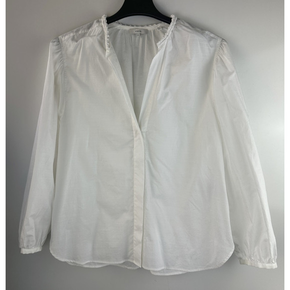 Vince Women's Braid Trim Band Collar Blouse White Button up Top Deep V-Neck XL - Picture 2 of 16